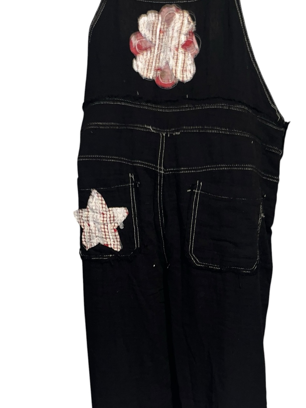 POL L Boho Patchwork Black Overalls with Lace Trim - Picture 6 of 9